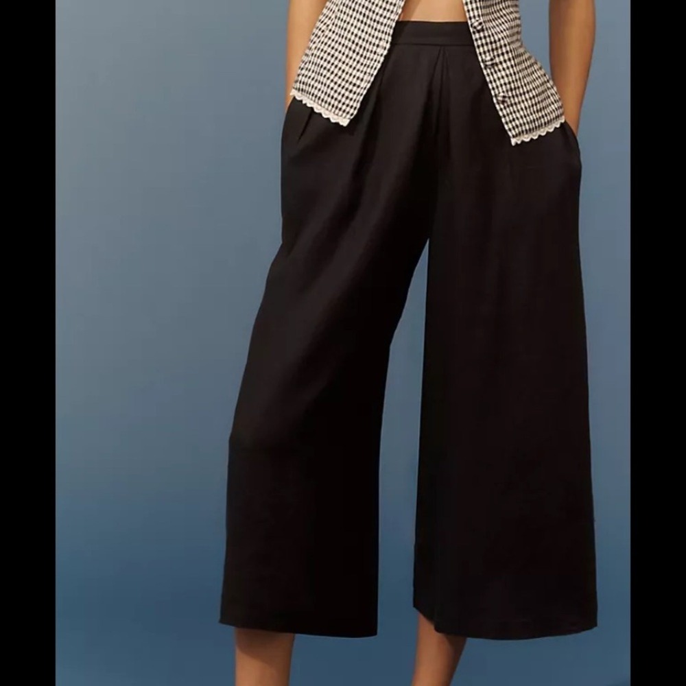 Anthropologie Black Culotte 100% Linen Cropped Wide Leg Pants Size XXS NWT